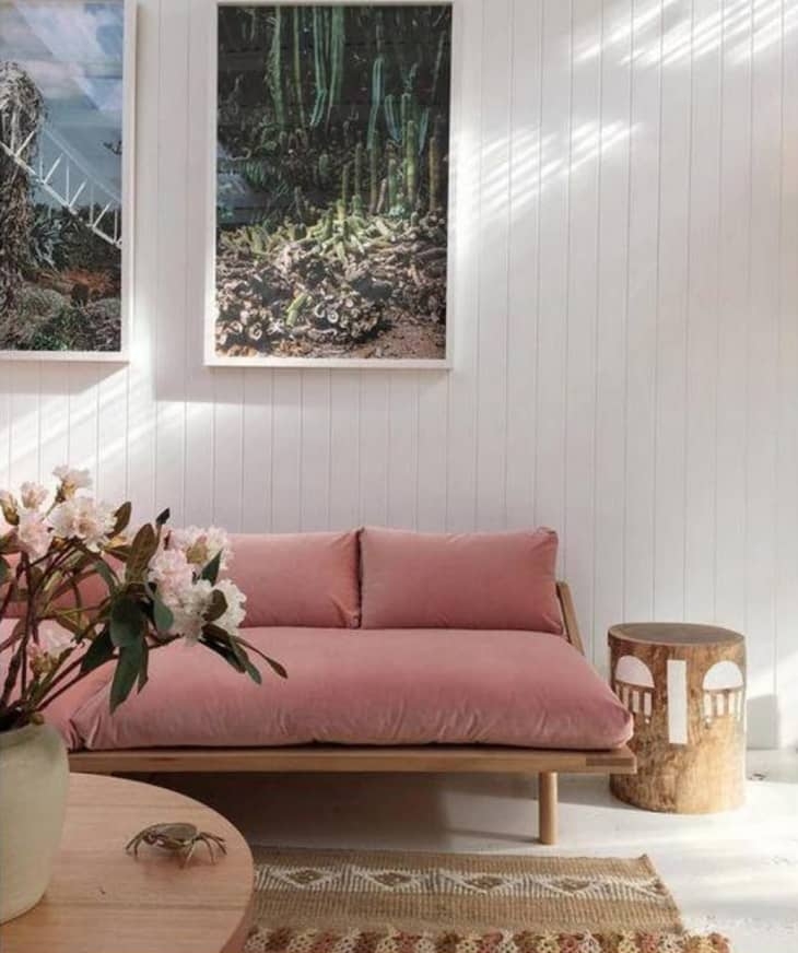 Daybed Sofa with Low Profile Wood Frame and Log Side Table