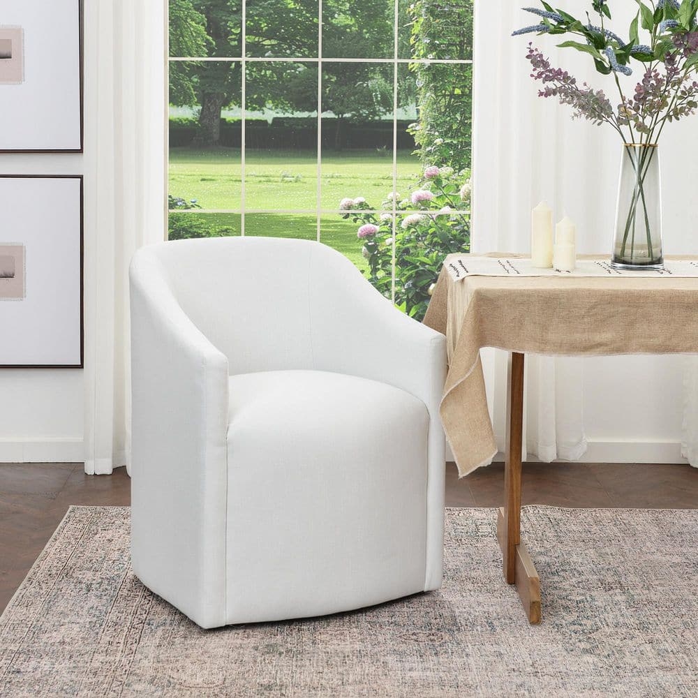 Dining Armchair with Ivory Performance Fabric & Casters