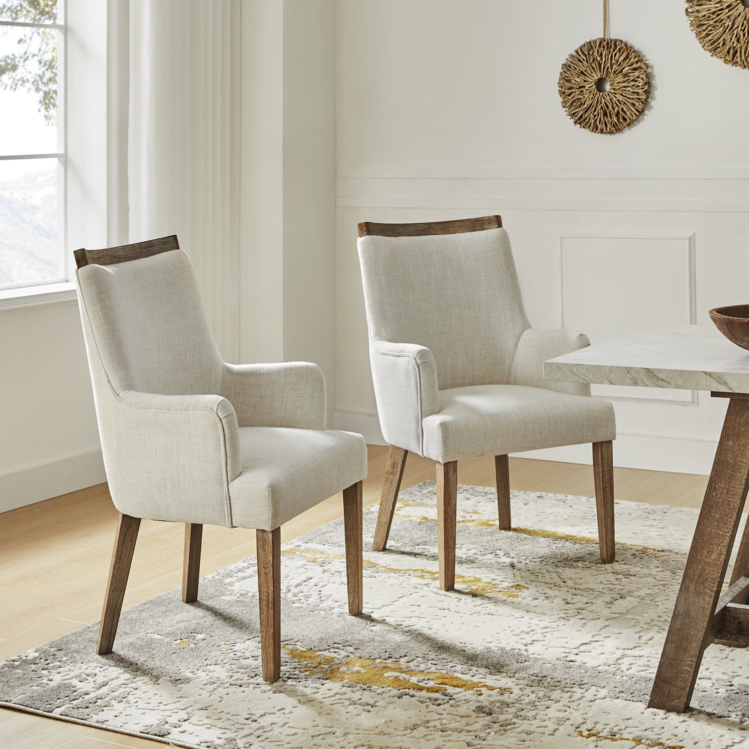 Dining Armchair Wood Top Rail Oatmeal Upholstered Chairs