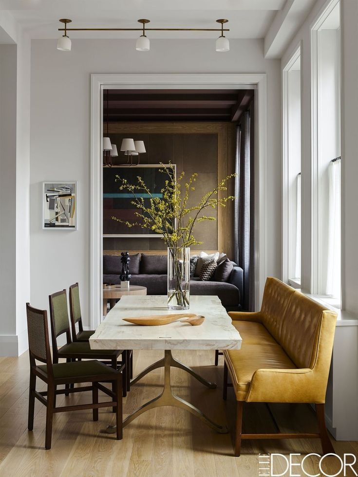 Dining Banquette Tufted Ochre Leather and Stone Table