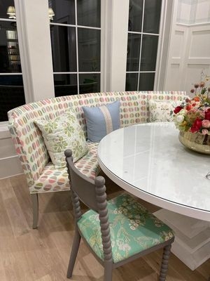 Dining Banquette with Bobbin Back Chair and Mixed Patterns
