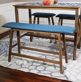 Dining Bench Blue Upholstery Weathered Oak Backless
