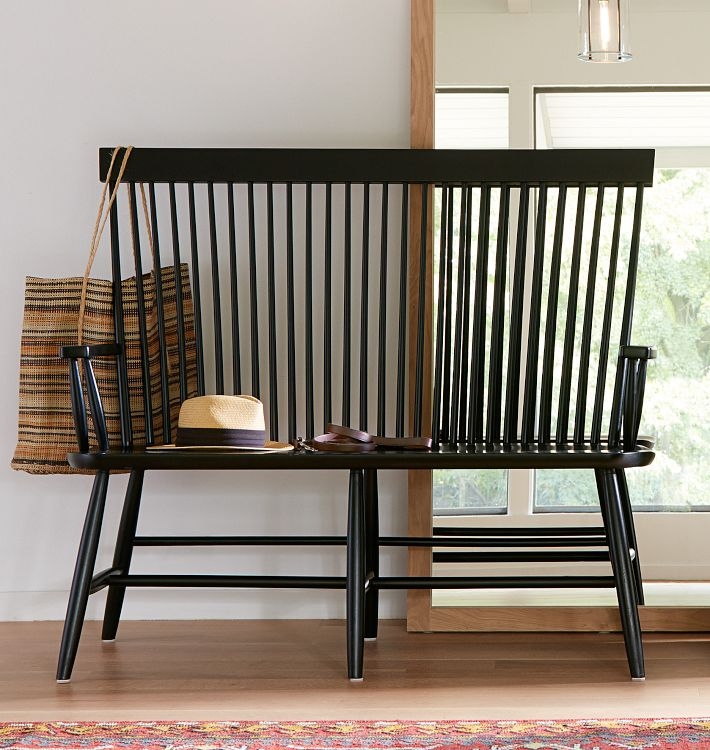Dining Bench High Spindle Back Matte Black Finish Windsor Style