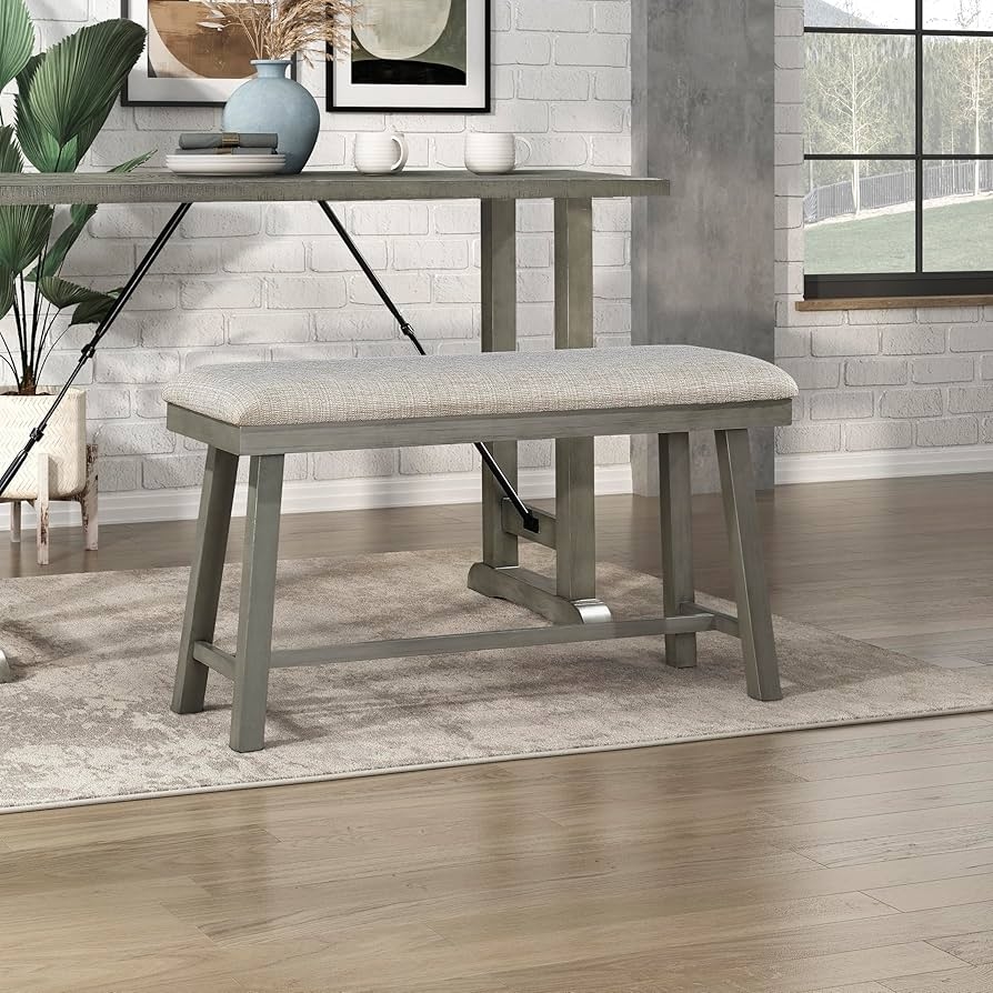 Dining Bench Padded Upholstery Weathered Grey Finish