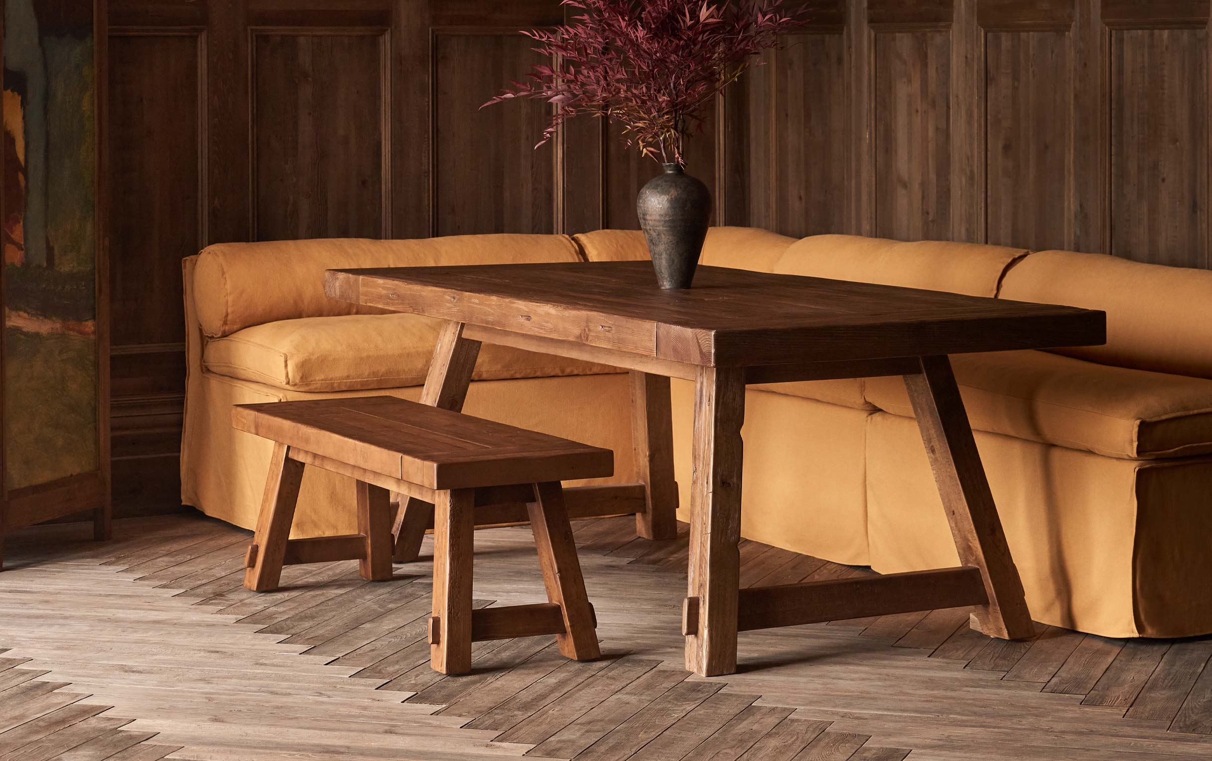 Dining Bench Reclaimed Pine Chunky Angled Legs Thick Seat Top