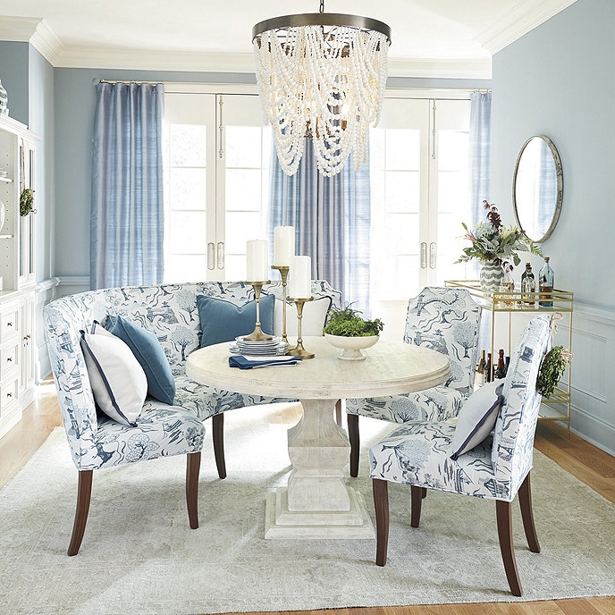 Dining Bench with Scenic Toile Pattern Blue Banquette