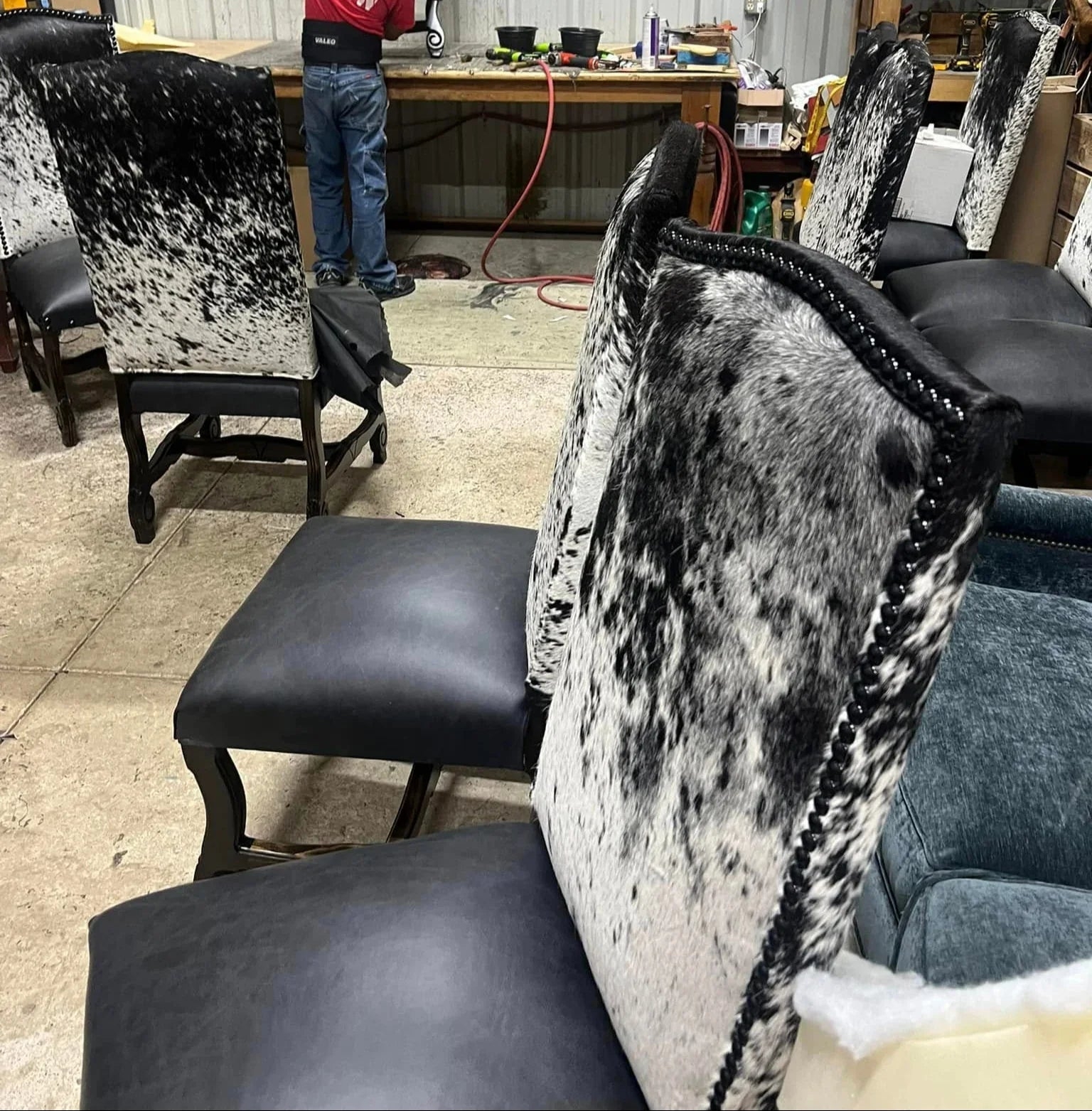 Dining Chair Dark Leather Seat Black And White Hide