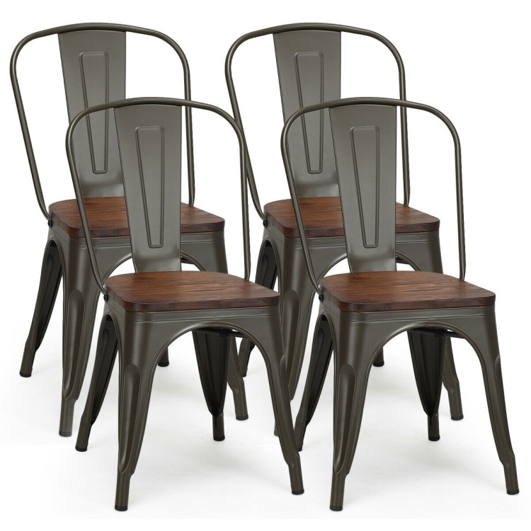 Dining Chair Gunmetal Finish Wood Seat Industrial Bistro