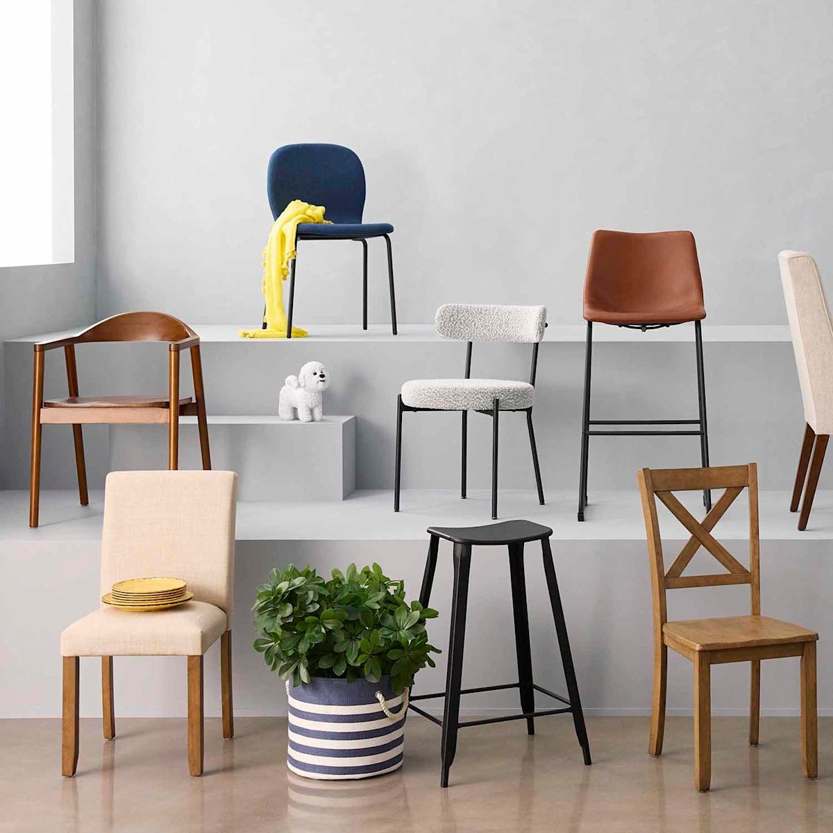 Dining Chair Navy Blue Fabric Rounded Backrest Mid-Century