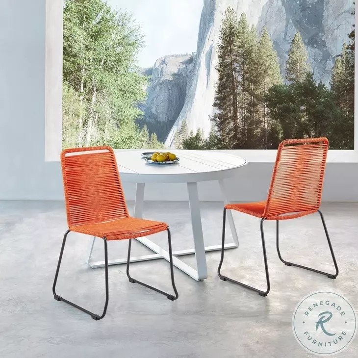 Dining Chair Orange Rope Weave Black Sled Base Vibrant
