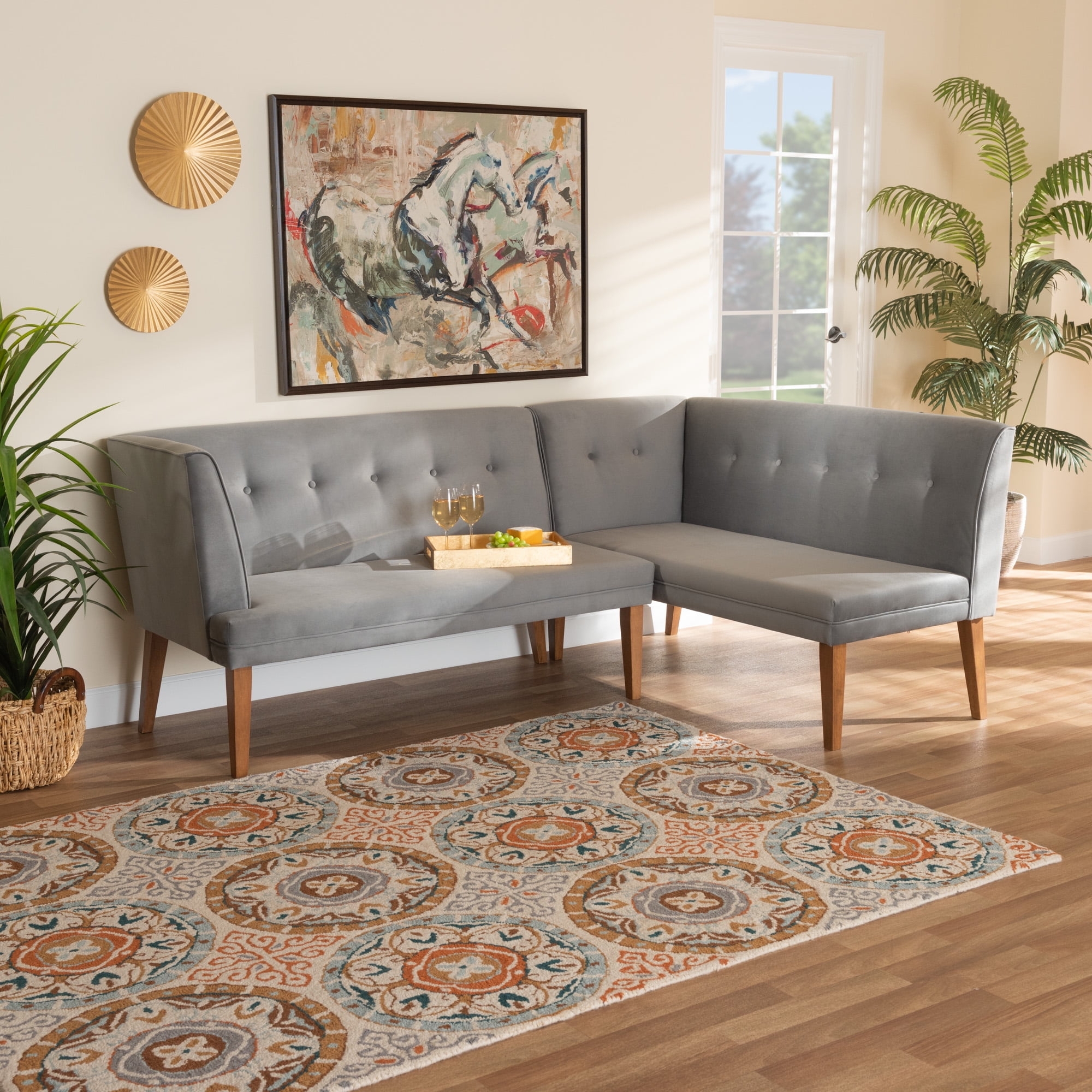 Dining Corner Bench Grey Velvet Button Tufted L-Shaped Design