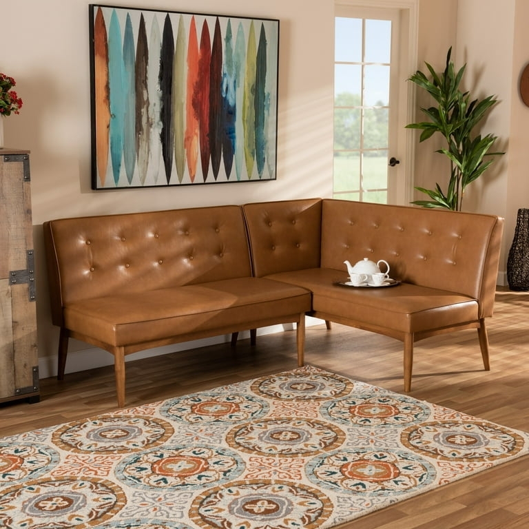 Dining Corner Bench Tan Leather Like for Mid-Century Nooks
