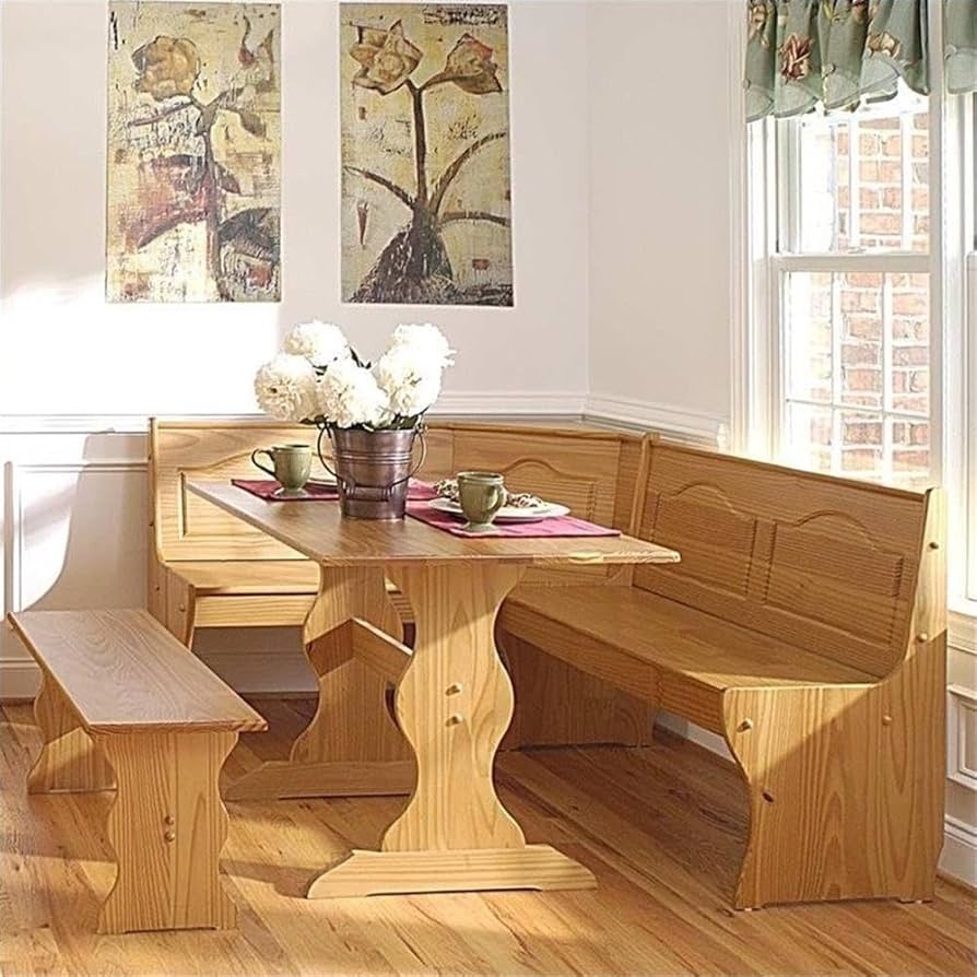 Dining Nook Set: Natural Honey Pine Wood Breakfast Bench