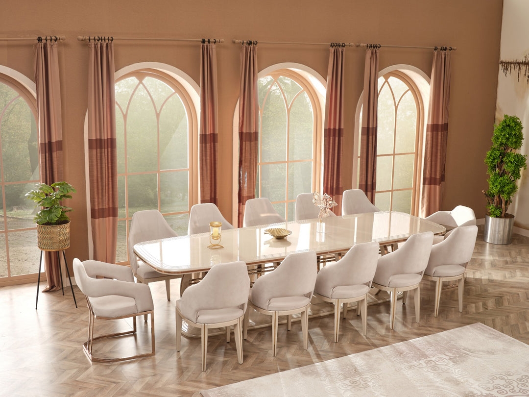Dining Room Set: Glossy Oval Table curved back beige chairs