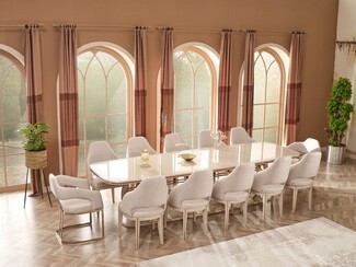 Dining Room Set: Glossy Oval Table curved back beige chairs