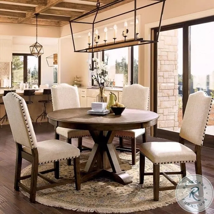Dining Room Set: Round Wood-Toned Rustic Farmhouse Set