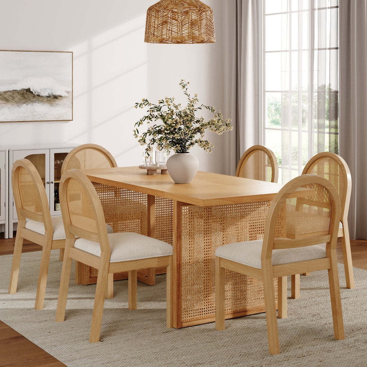 Dining Set: Arched Rattan Chairs and Boucle Seats
