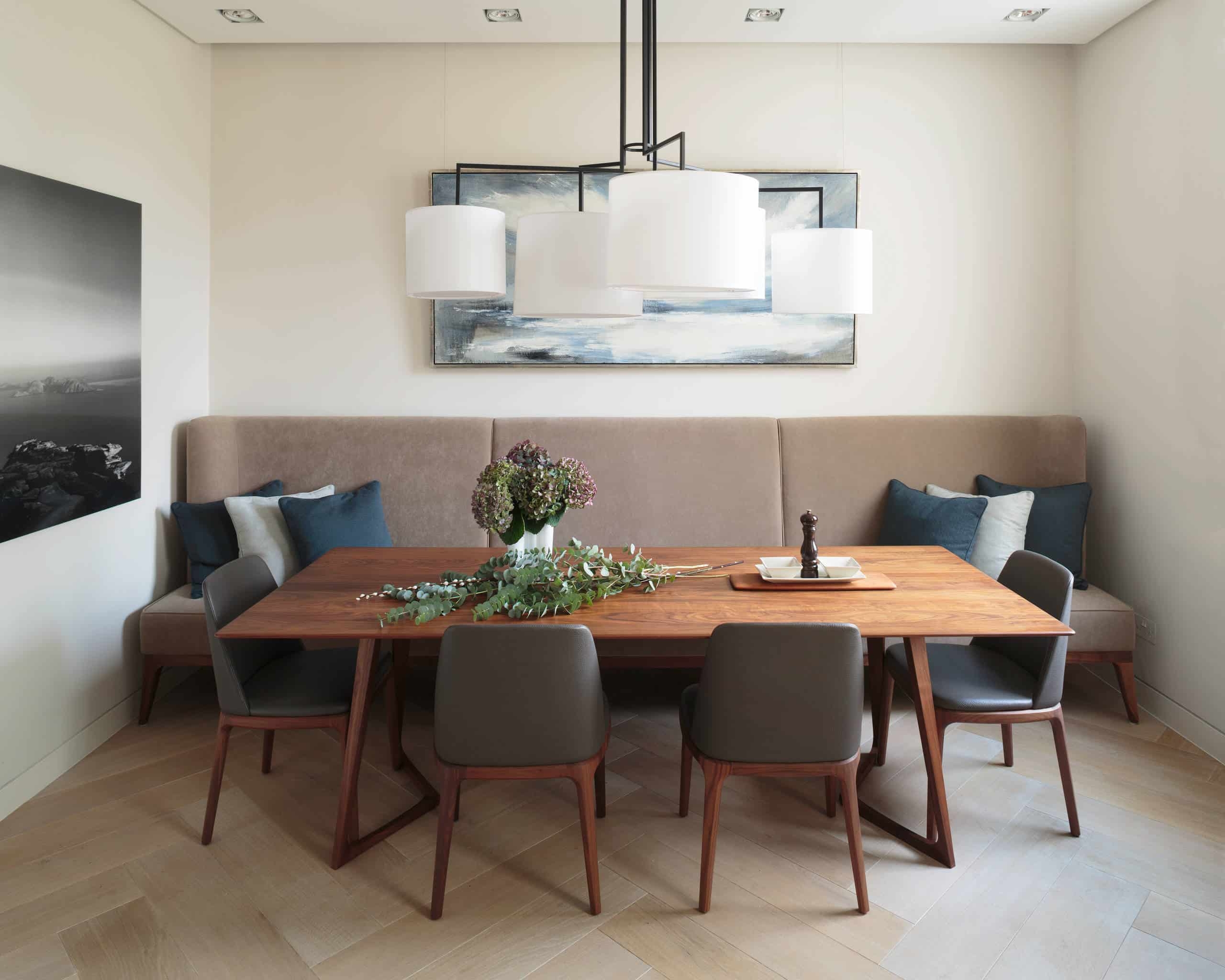Dining Set Banquette Seating on Herringbone Wood Floor