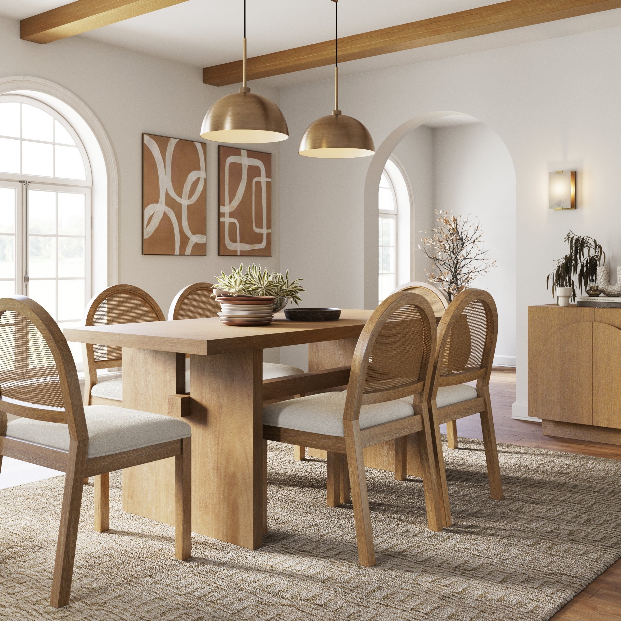 Dining Set: Block Pedestal Base and Arched Silhouette