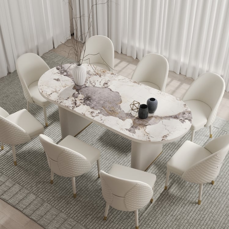 Dining Set Diamond Quilted Upholstery White Fluted Pedestal