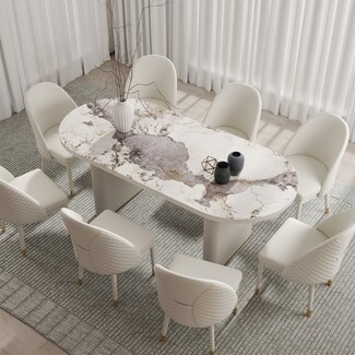Dining Set Diamond Quilted Upholstery White Fluted Pedestal