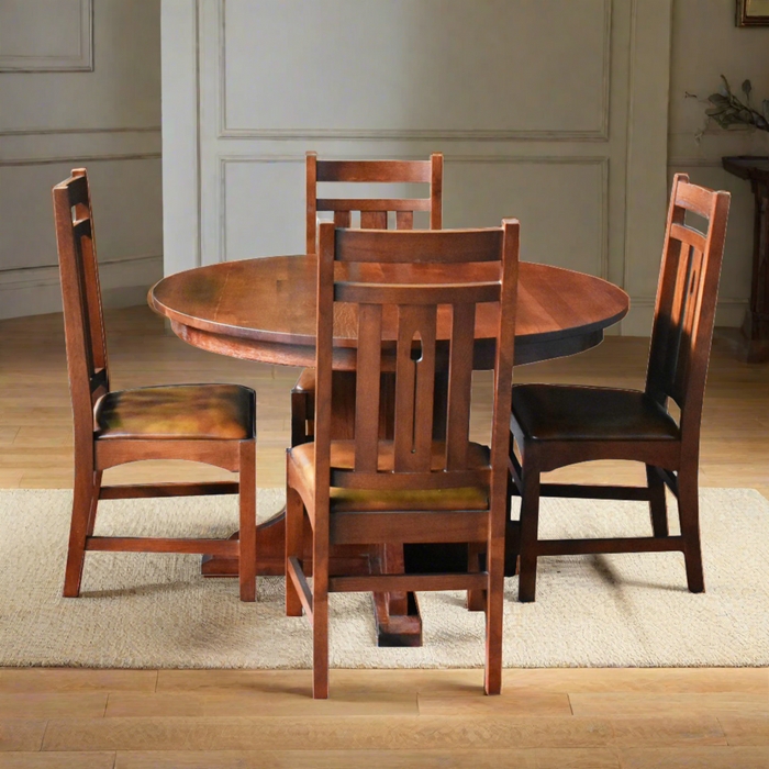 Dining Set: Mission Slat Back Cherry Wood Pedestal Set