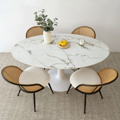 Dining Set Rattan Backrest White Boucle Fabric Marble Top