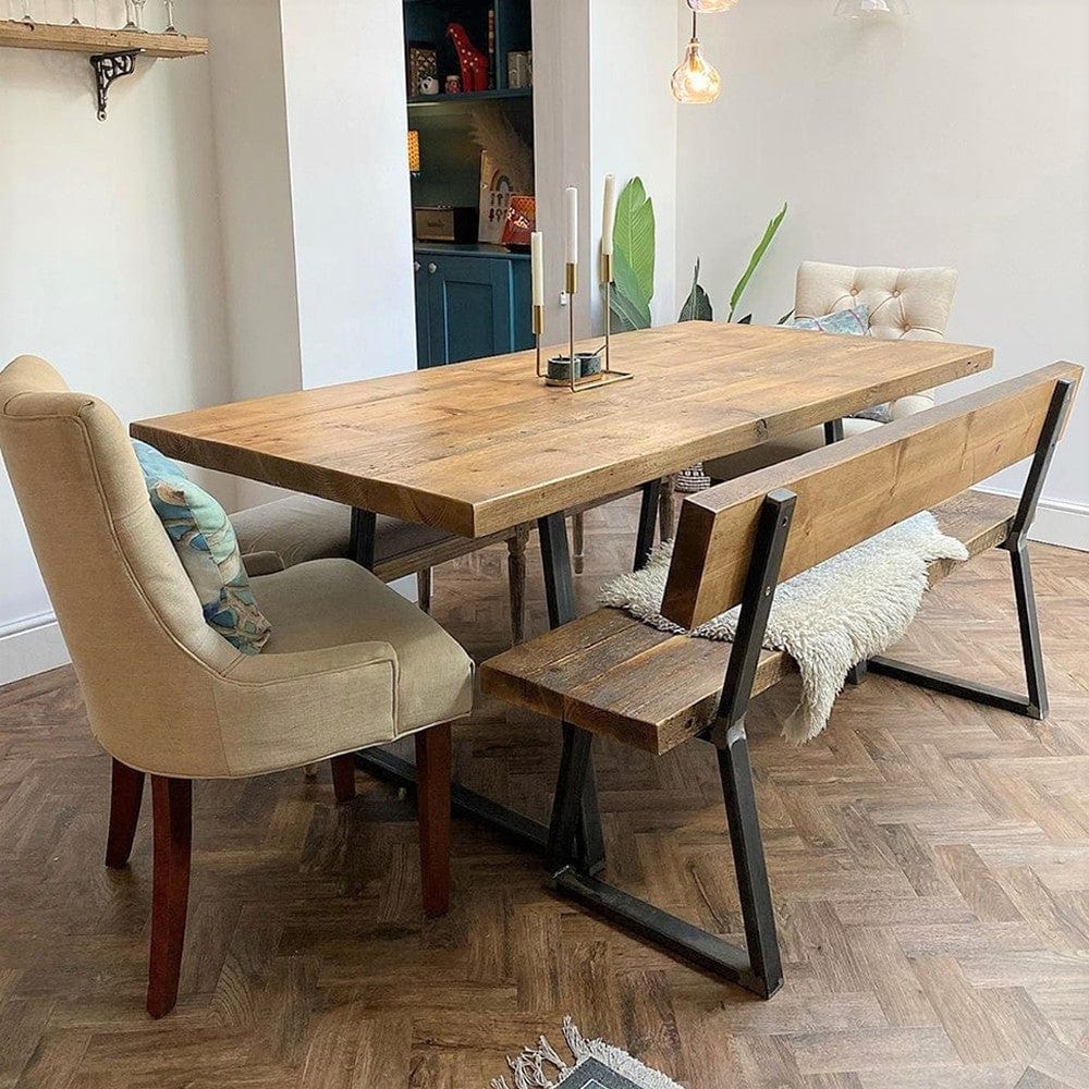 Dining Set Reclaimed Wood Top Matching Backrest Bench Metal Frame