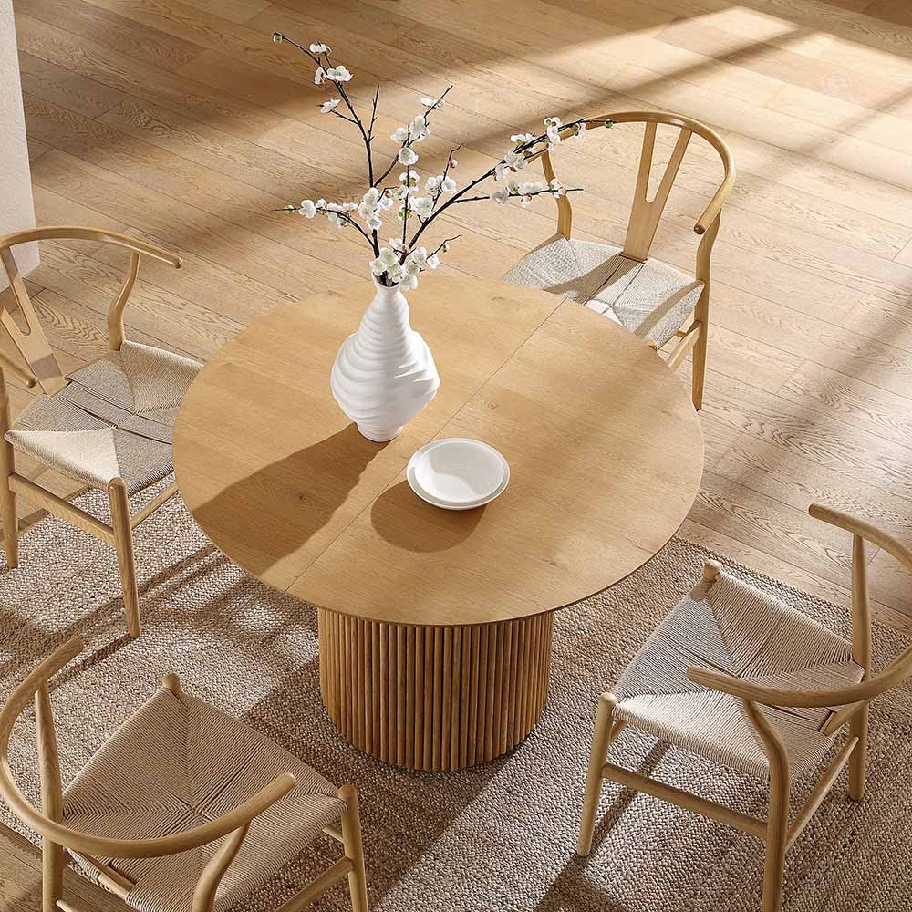 Dining Set: Slatted Pedestal Japandi Wishbone Chair Set