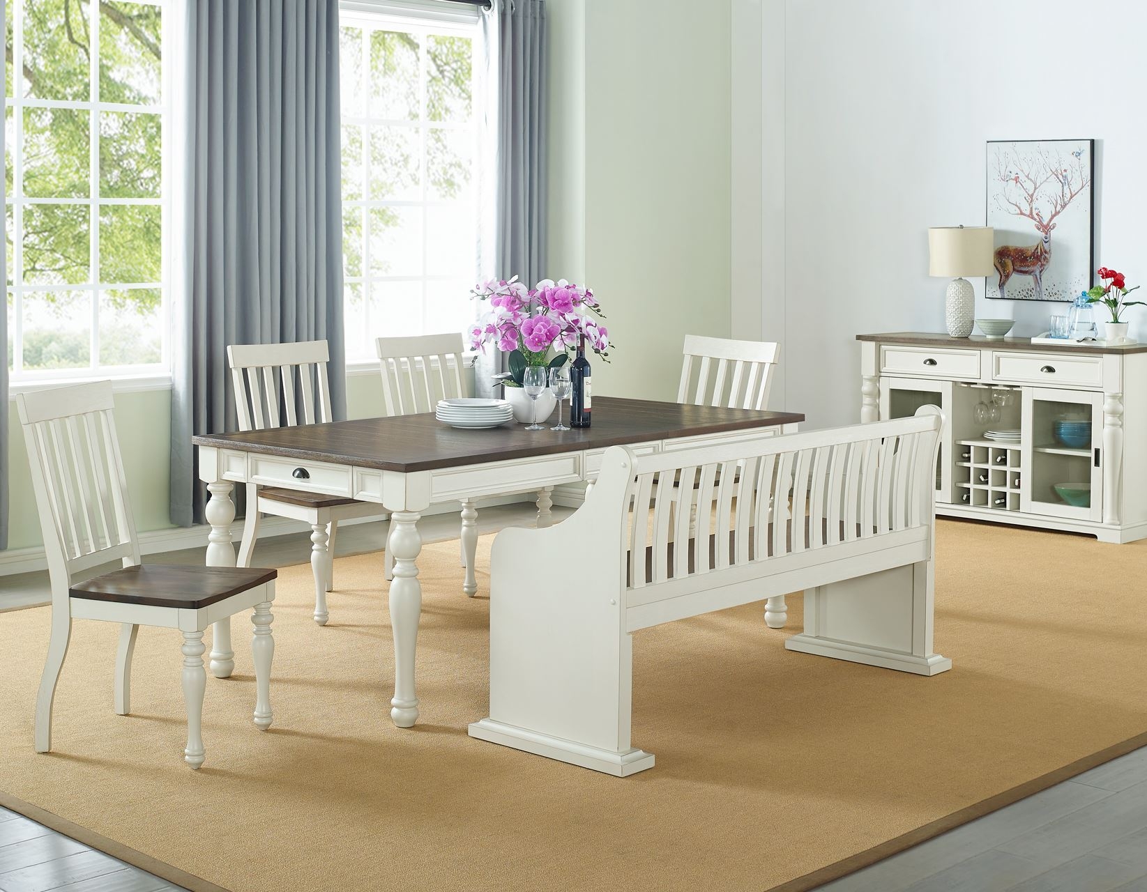Dining Set Two Tone Finish Slat Back Bench Turned Wood Legs
