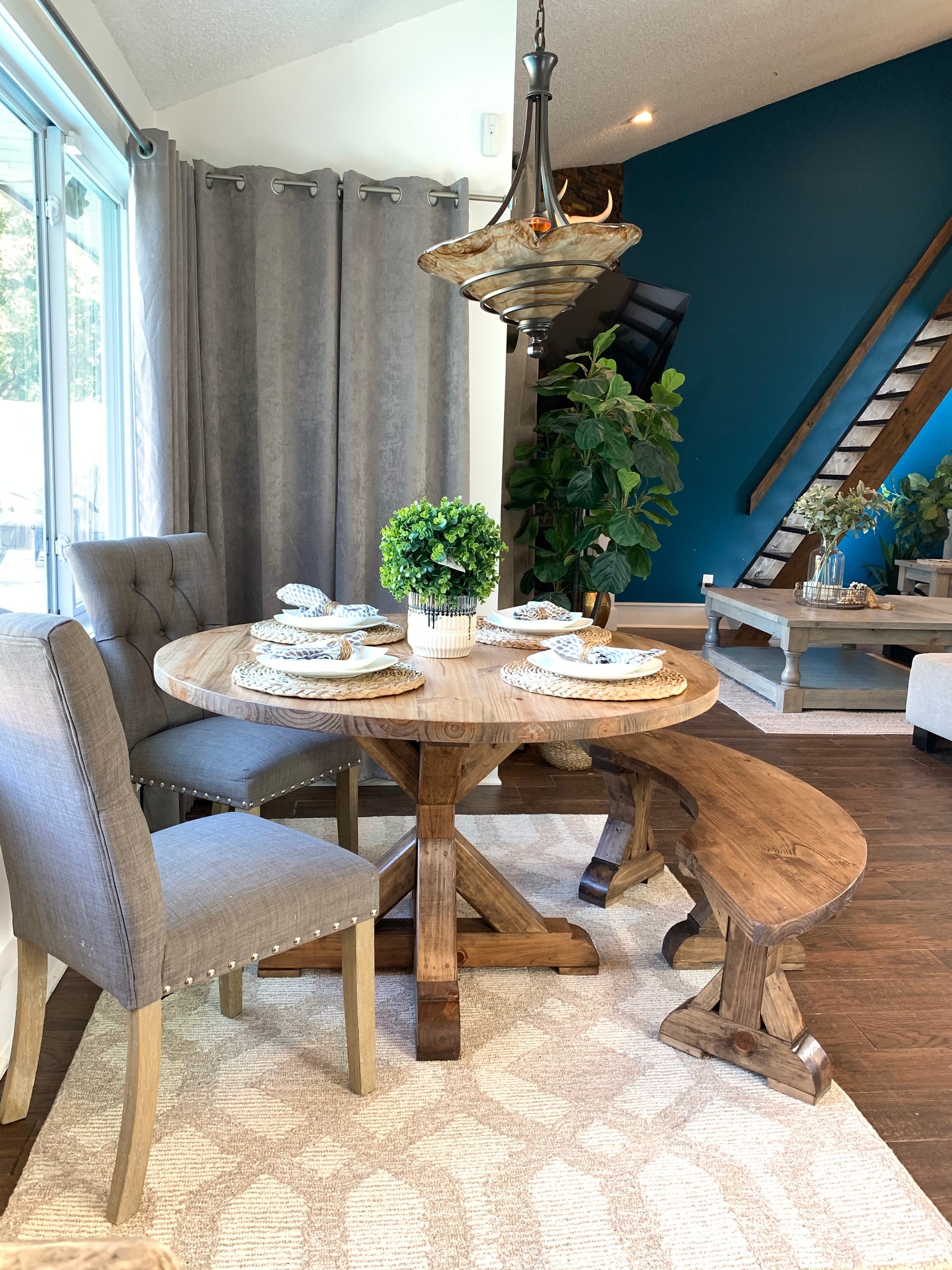 Dining Set with 36 Inch Diameter Table and Curved Bench