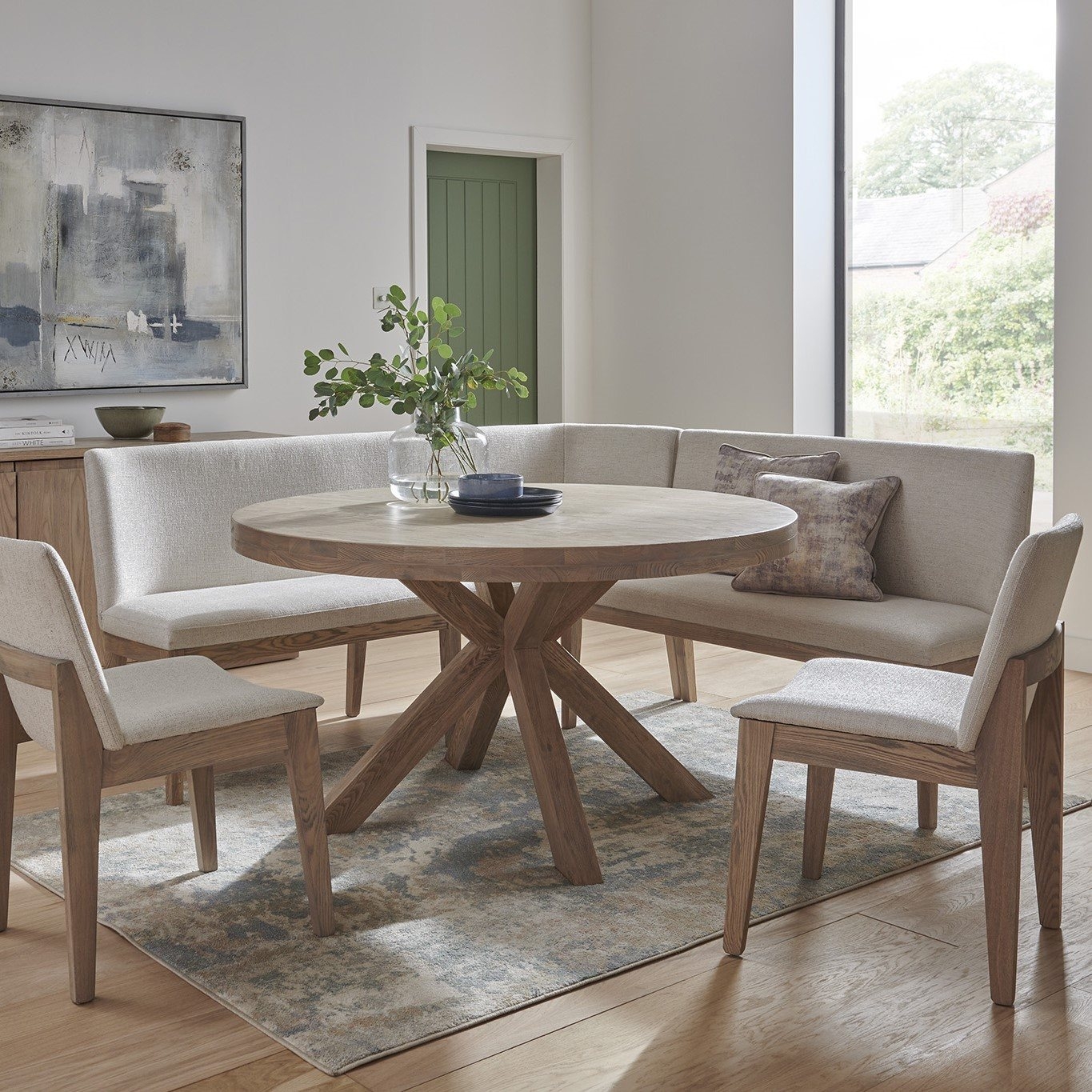 Dining Set with Cross Leg Base Table and L-Shaped Bench