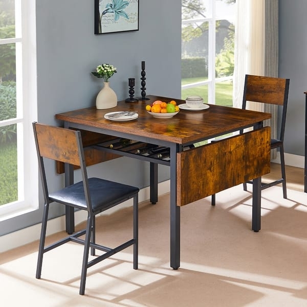 Dining Set with Integrated Wine Rack and Industrial Drop Leaf Table