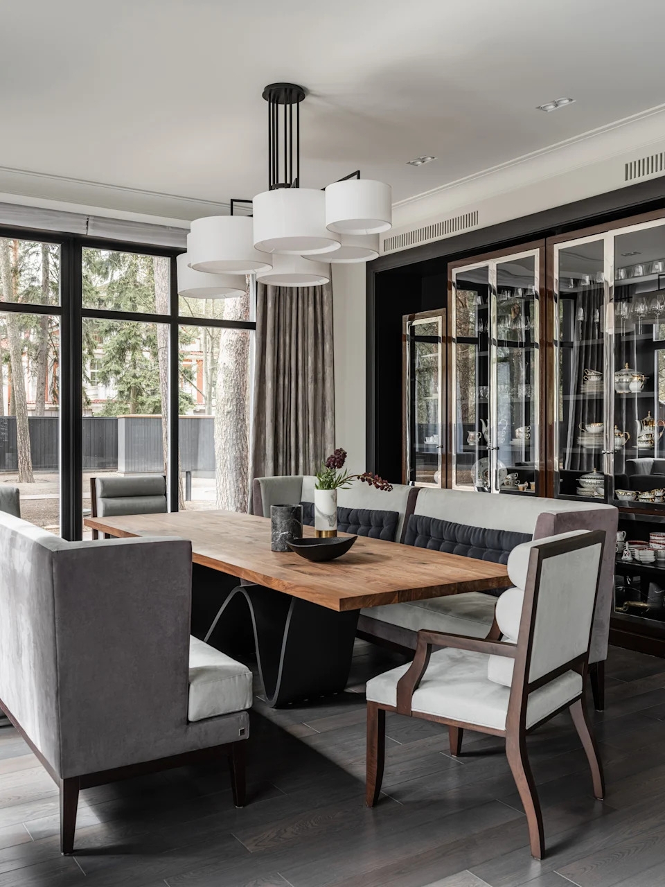 Dining Sofa Channeled Backrest and Sculptural Metal Base