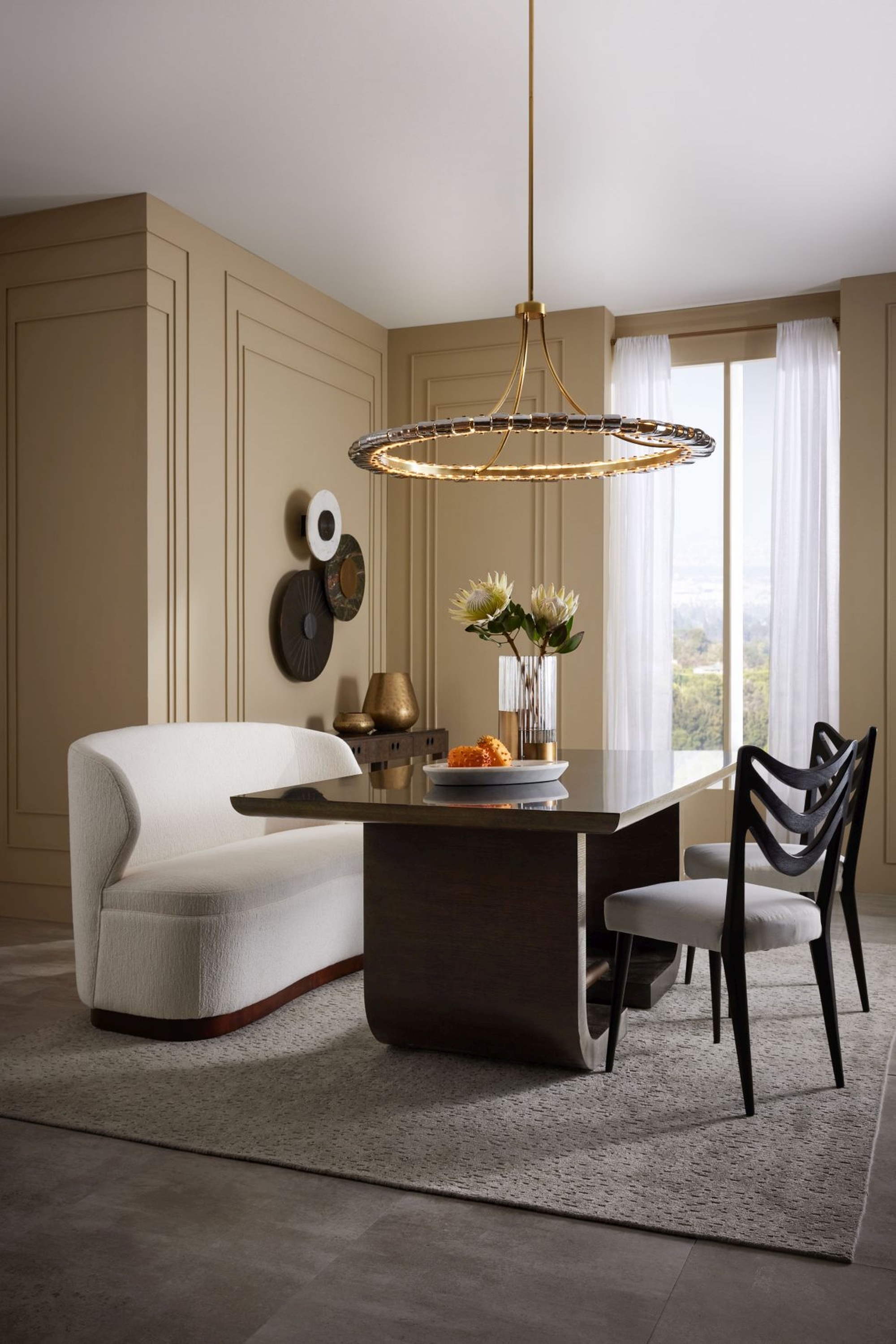 Dining Sofa Chevron Back Chairs and Ring Chandelier