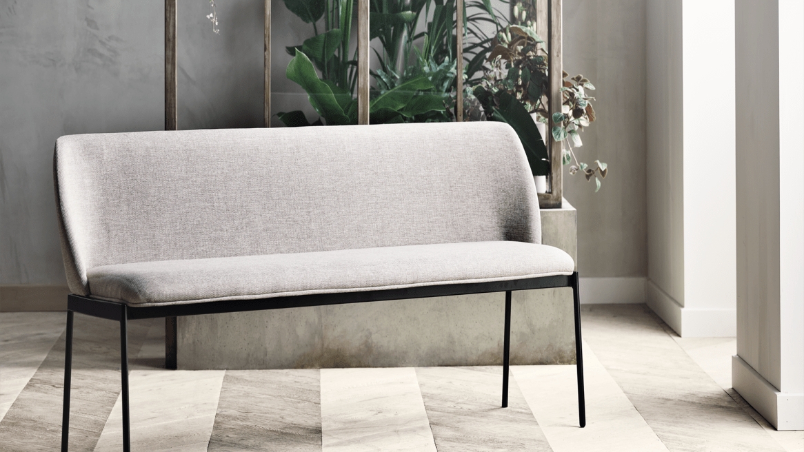 Dining Sofa Light Grey Upholstery and Slim Black Legs