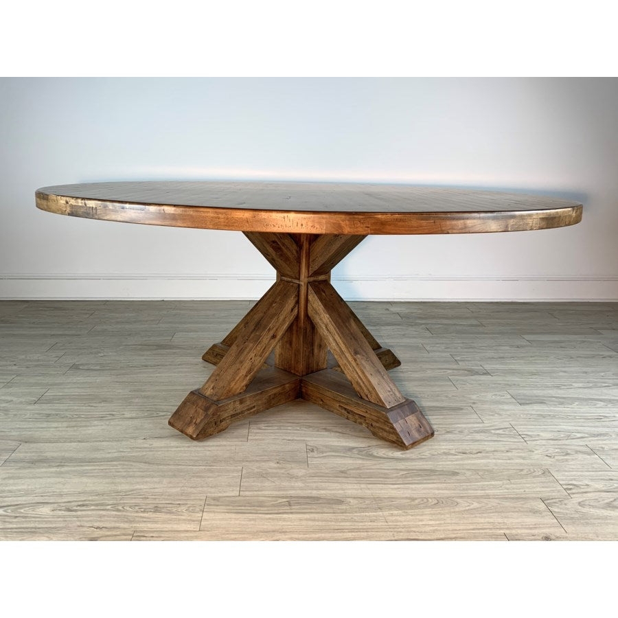 Dining Table 72 Inch Round Chunky Timber with Rustic X-Shaped Pedestal.