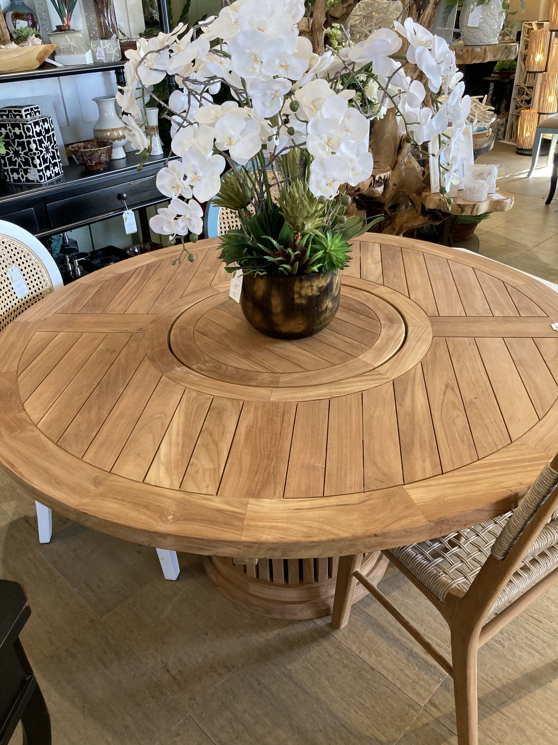 Dining Table Featuring Inlaid Lazy Susan and Slatted Pedestal