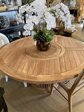 Dining Table Featuring Inlaid Lazy Susan and Slatted Pedestal
