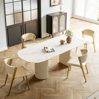 Dining Table Fluted Pedestal White Sintered Stone Modern Kitchen