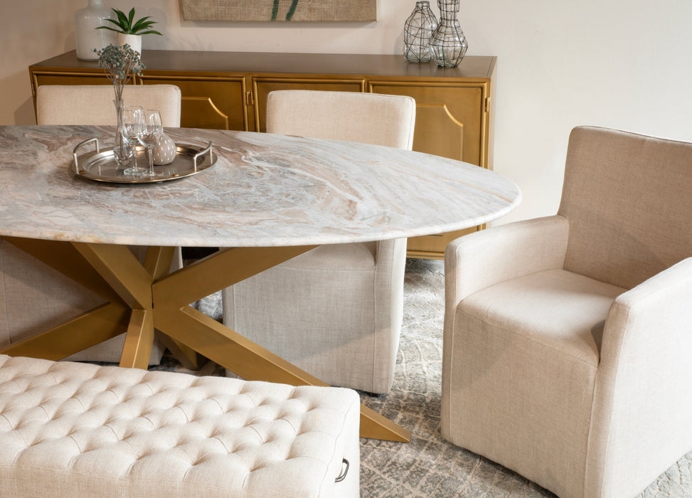 Dining Table Gold Trestle Base Tufted Bench Marble Set