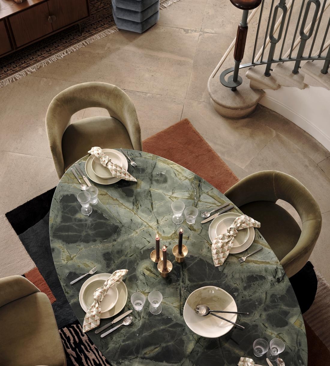 Dining Table Green Marble Top Curved Velvet Seating Luxury