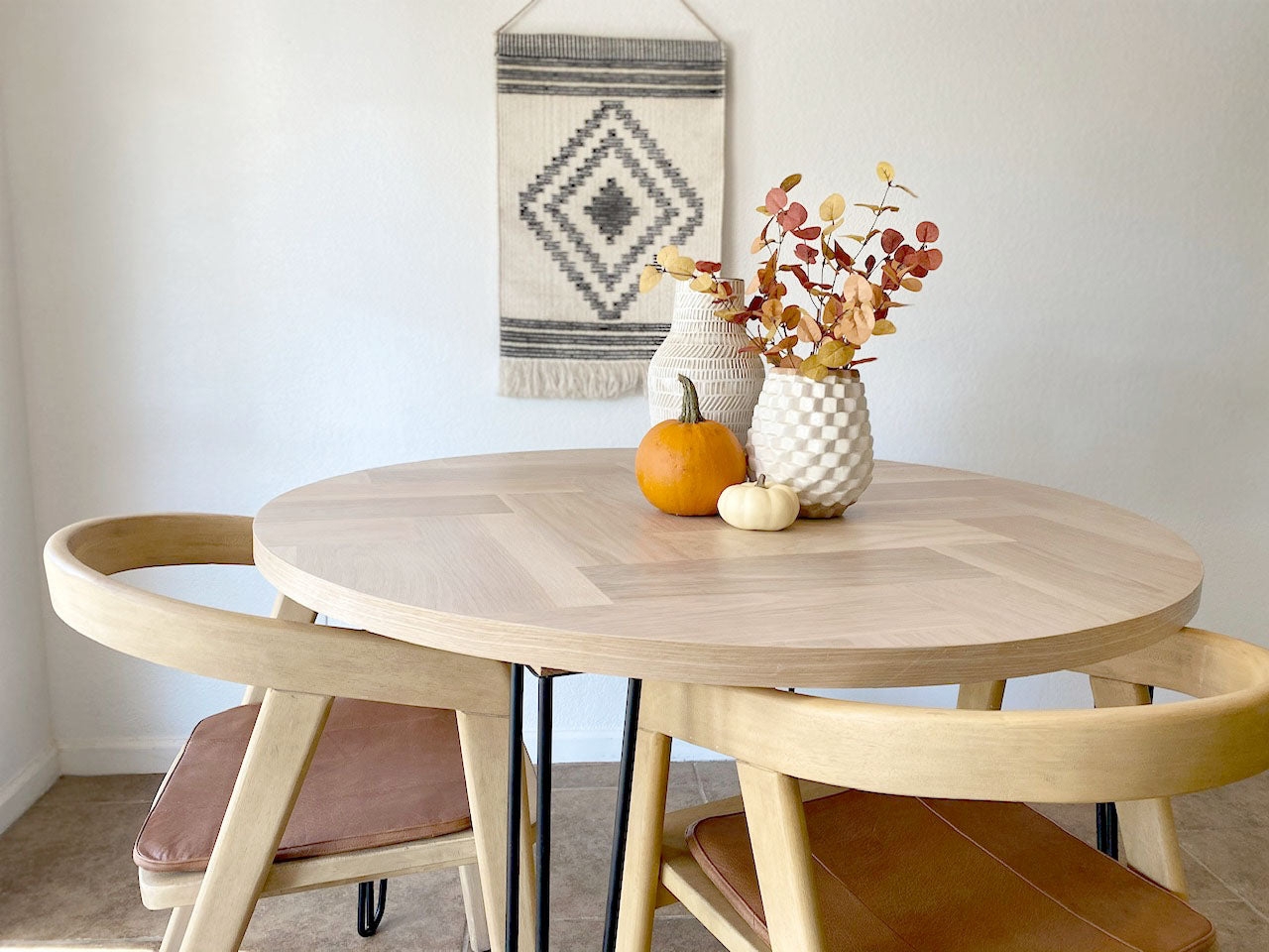 Dining Table: Herringbone Round White Oak Modern Hairpin
