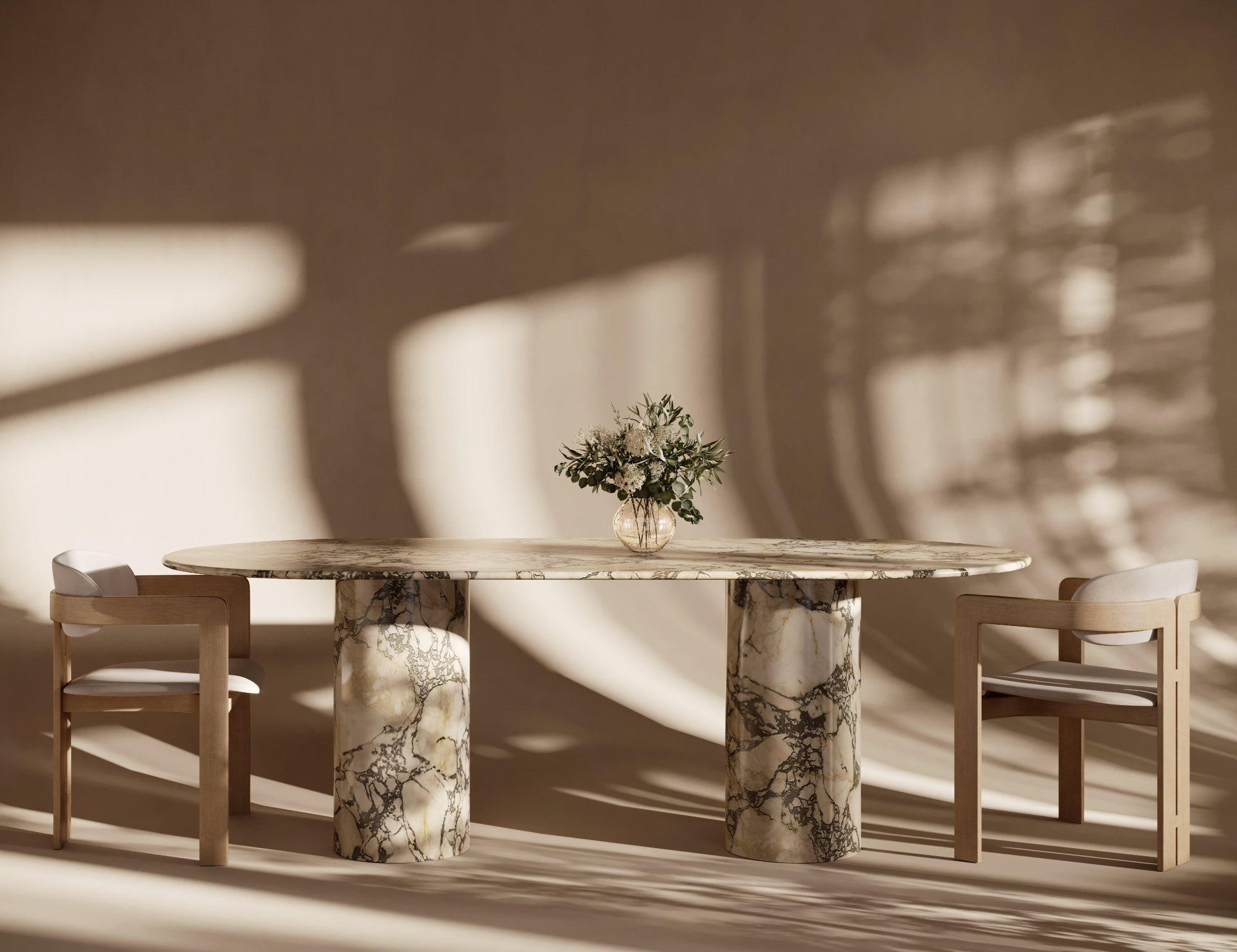 Dining Table Marble Cylindrical Legs Sculptural Stone Base