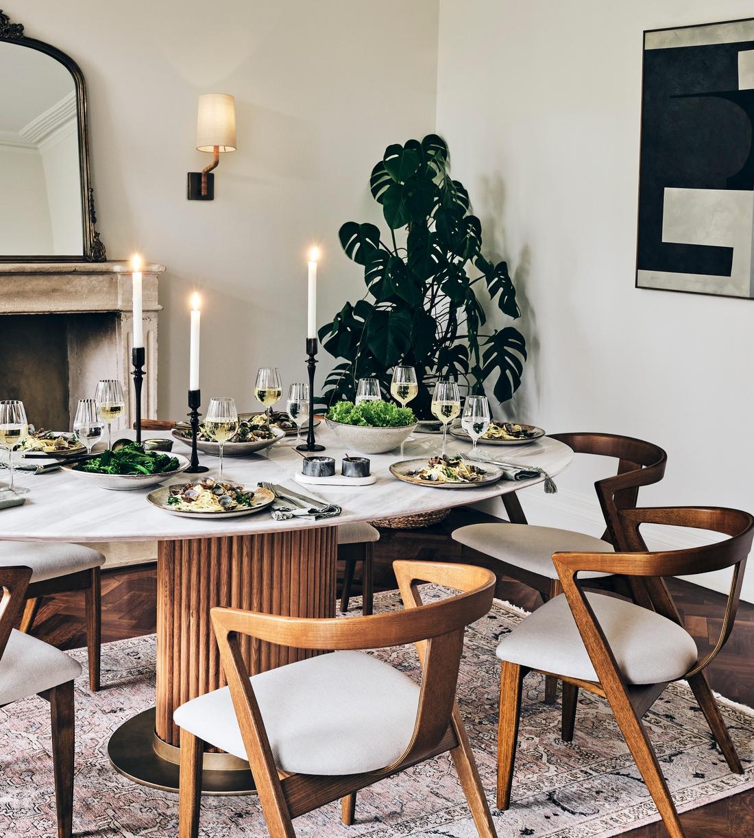 Dining Table Oval Carrara Top Fluted Wood Pedestal Table