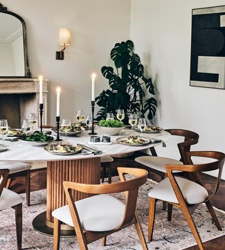 Dining Table Oval Carrara Top Fluted Wood Pedestal Table