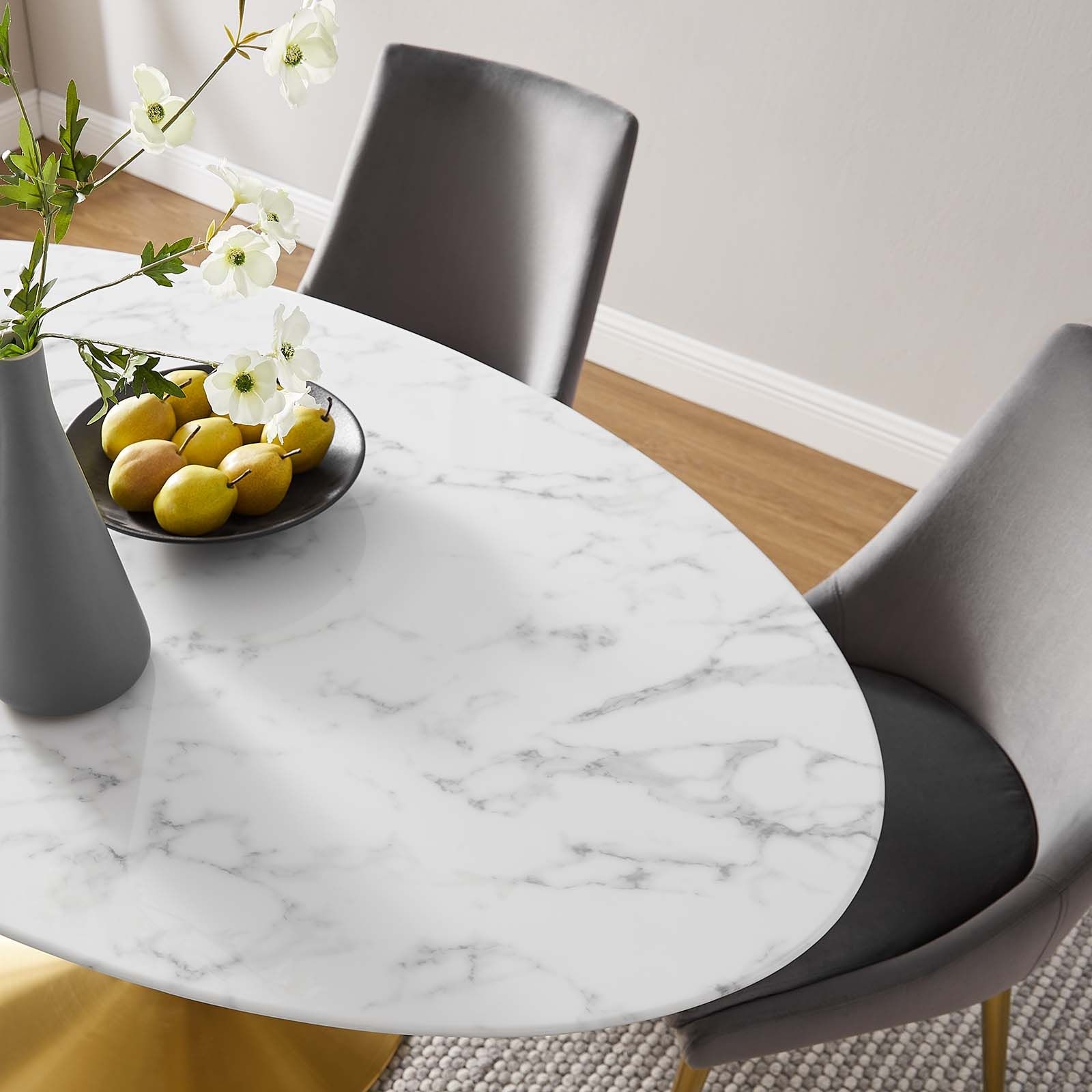 Dining Table Oval Marble Top Grey Upholstered Chairs Set