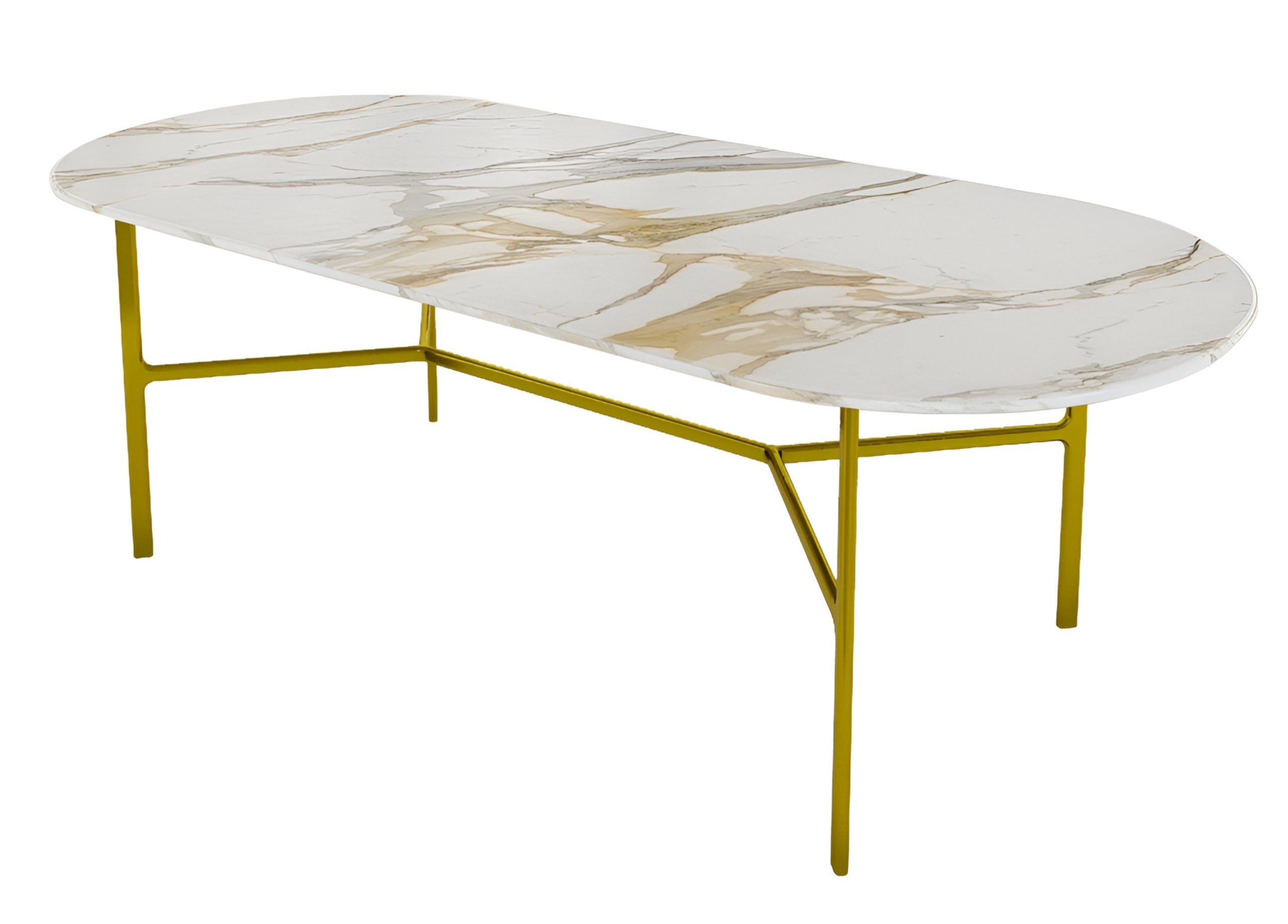 Dining Table Oval Stone Top Calacatta Veining Gold Base