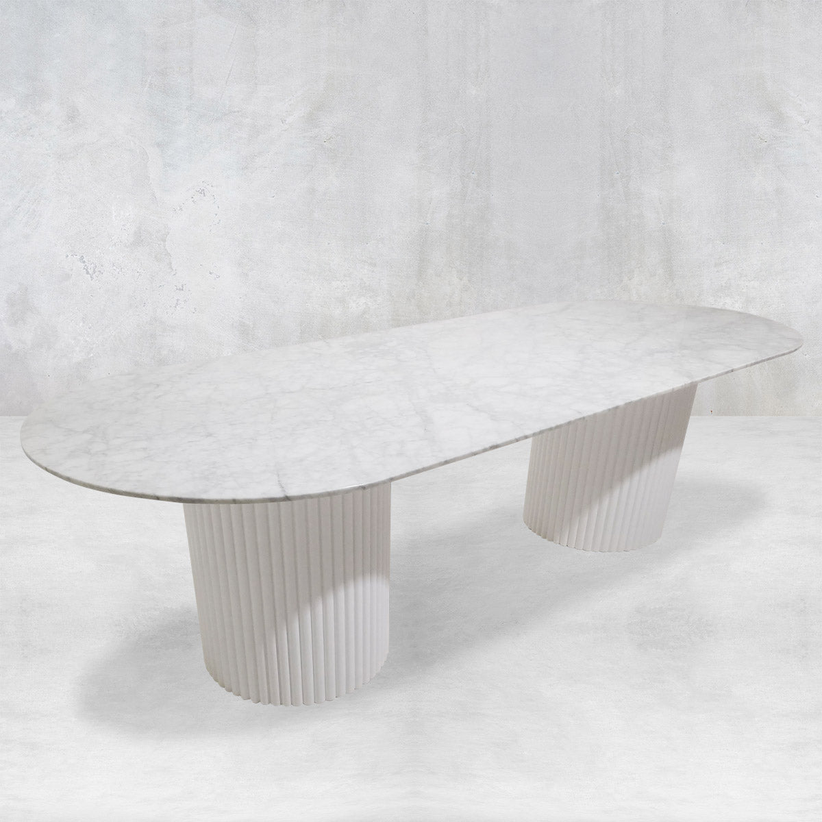 Dining Table Racetrack Top Fluted Pedestal Base Stone Look