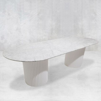 Dining Table Racetrack Top Fluted Pedestal Base Stone Look